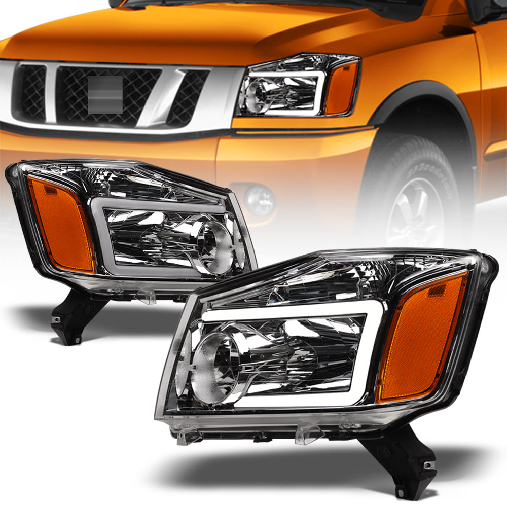 04-15 Nissan Titan Crystal Headlights w/ LED Light Bar - Chrome