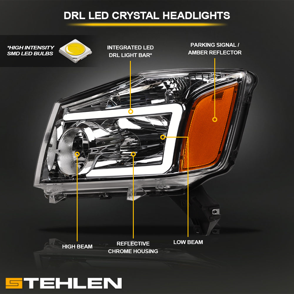 04-15 Nissan Titan Crystal Headlights w/ LED Light Bar - Chrome