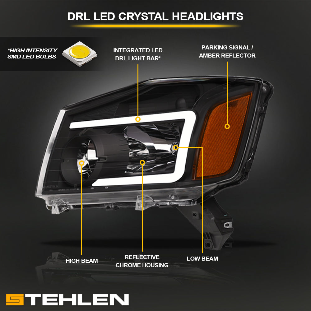04-15 Nissan Titan LED Crystal Headlights Black - JDMA