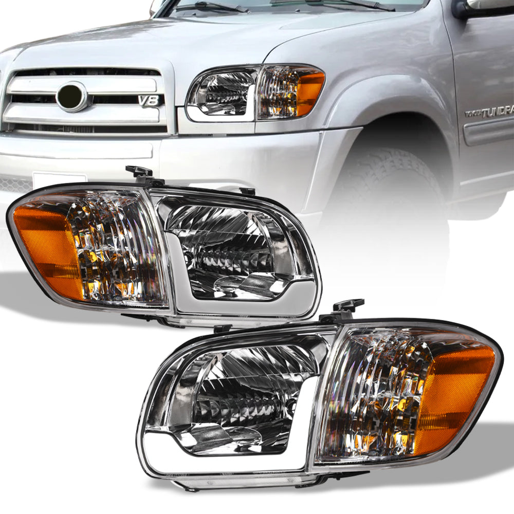 05-06 Toyota Tundra Chrome Crystal Headlights w/ LED Light Bar 4PC