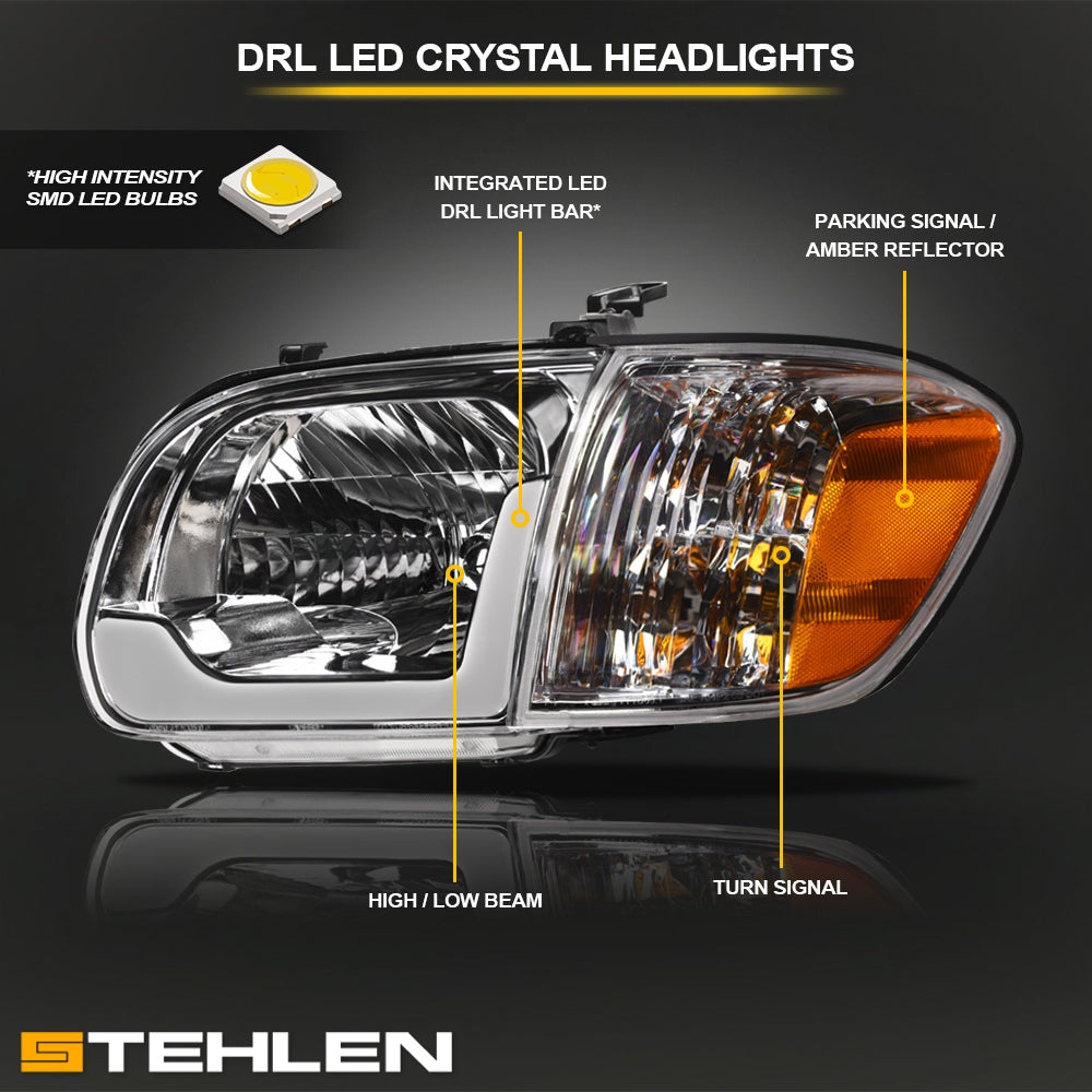 05-06 Toyota Tundra Chrome Crystal Headlights w/ LED Light Bar 4PC