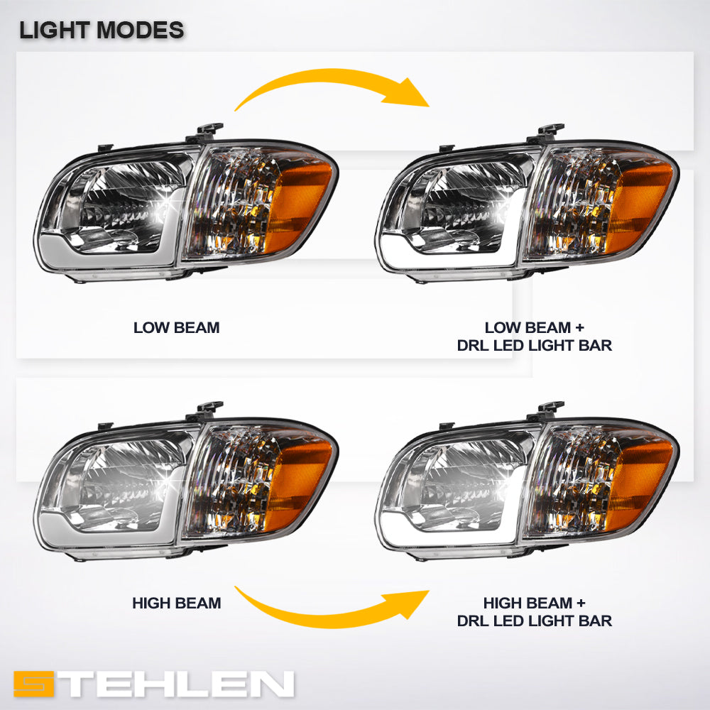 05-06 Toyota Tundra Chrome Crystal Headlights w/ LED Light Bar 4PC