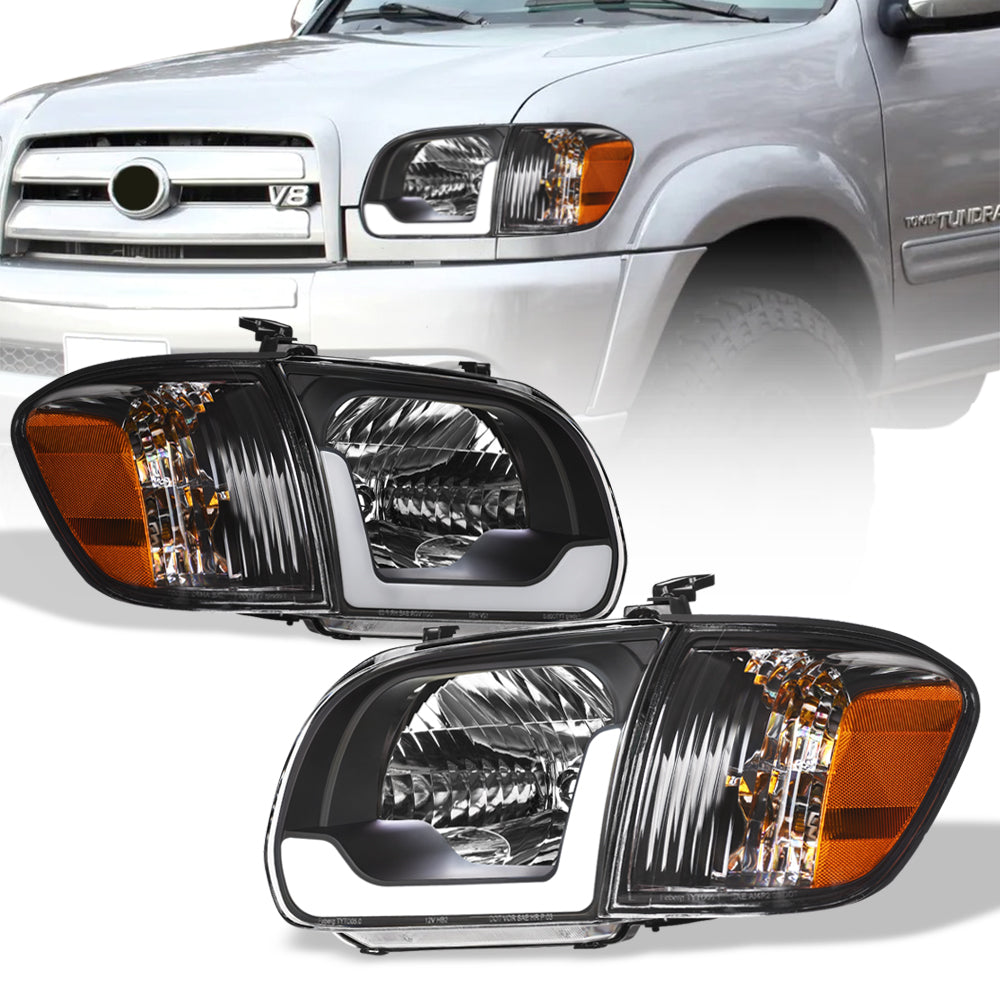 05-06 Toyota Tundra Black Crystal Headlights w/ LED Light Bar 4PC