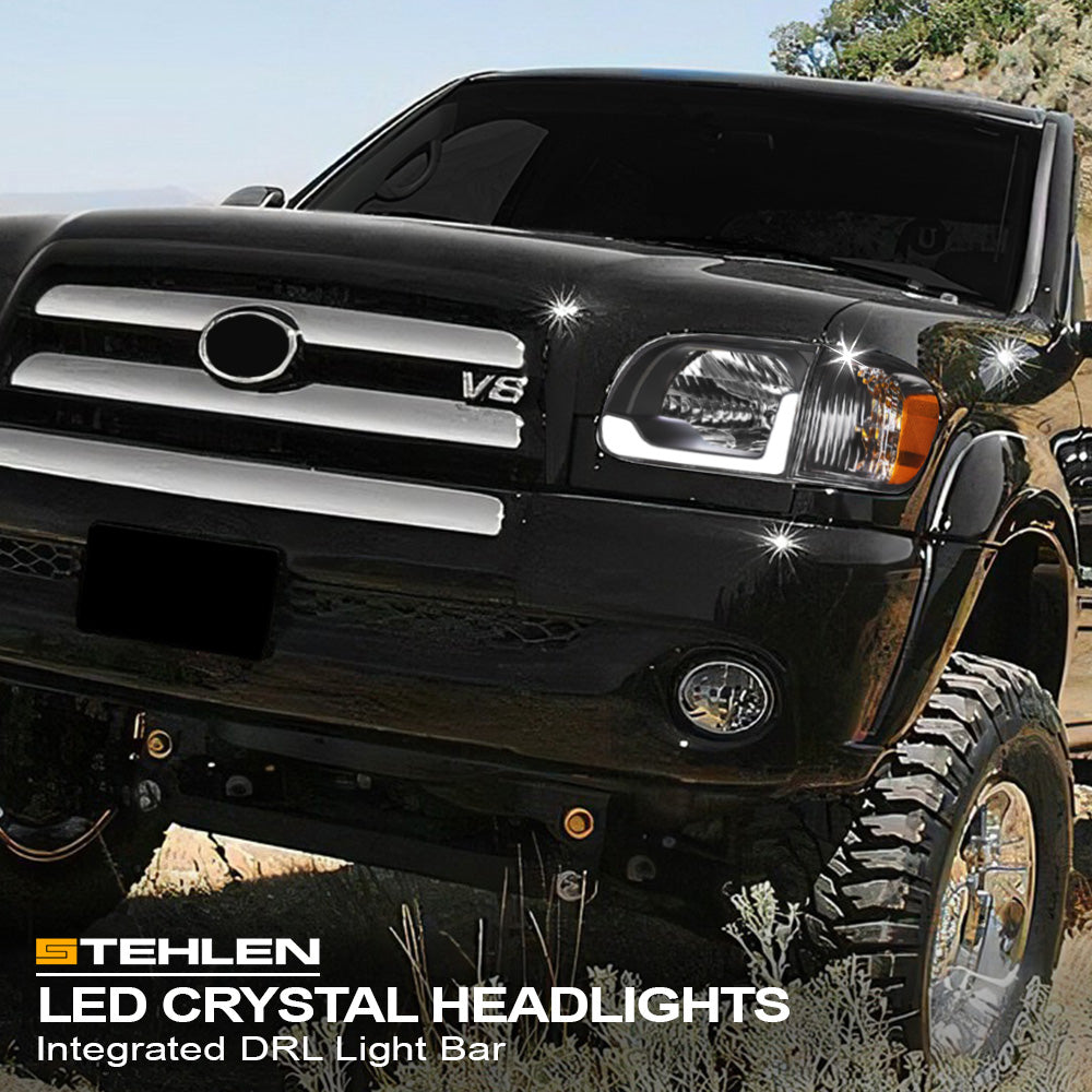 05-06 Toyota Tundra Black Crystal Headlights w/ LED Light Bar 4PC