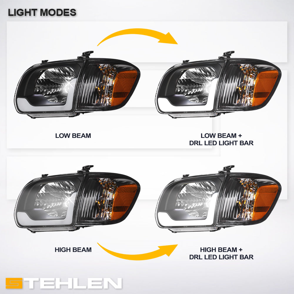 05-06 Toyota Tundra Black Crystal Headlights w/ LED Light Bar 4PC
