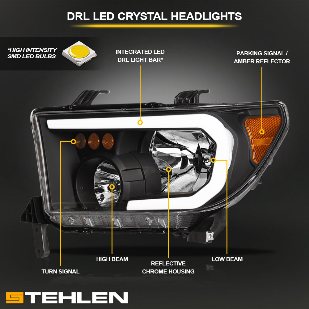 2007-2017 Toyota Tundra Sequoia LED Crystal Headlights - Black