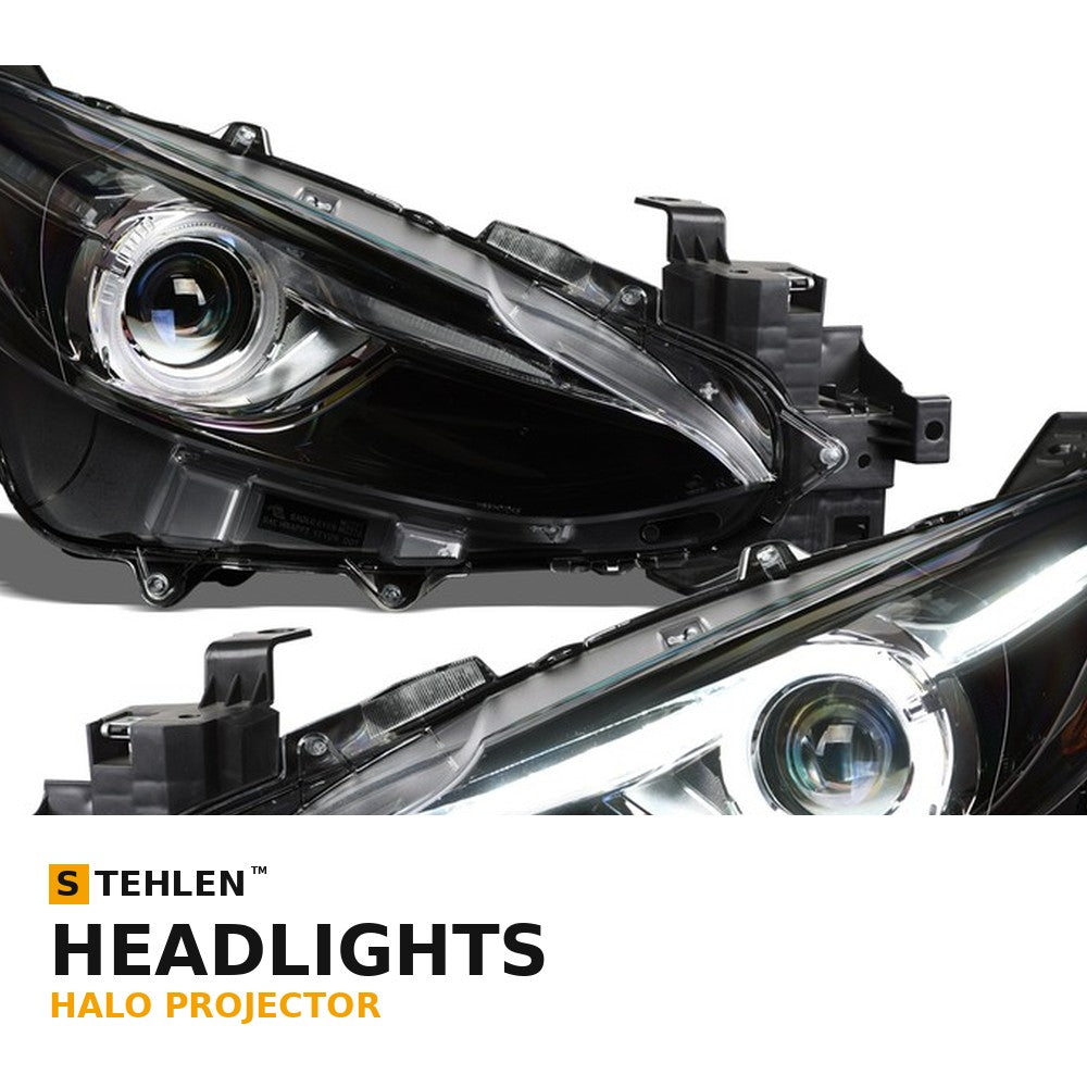 2014-2016 Mazda 3 Sedan Halo Projector Headlights w/ Amber — Matte Black