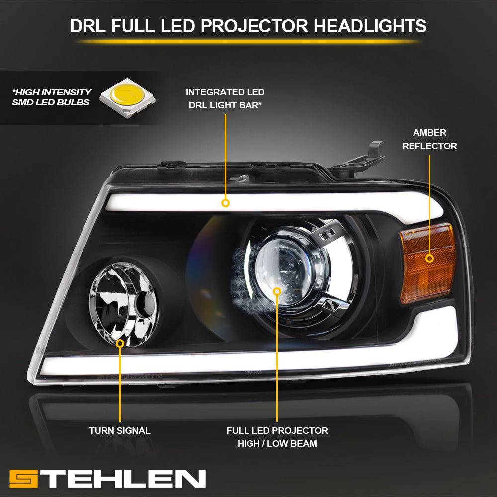 04-08 Ford F-150 Full LED Projector Headlights Black - HLPLNB