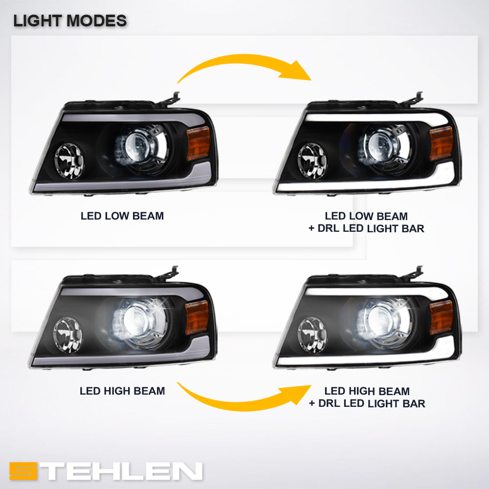 04-08 Ford F-150 Full LED Projector Headlights Black - HLPLNB