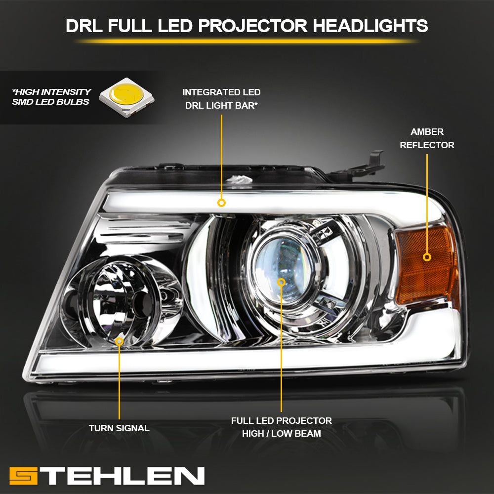 04-08 Ford F-150 Full LED Projector Headlights Chrome - FDPU04D