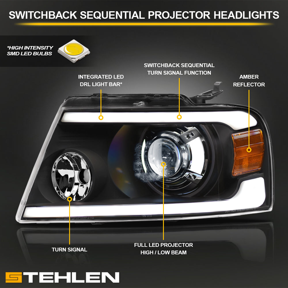 04-08 Ford F-150 Full LED Projector Headlights Sequential Signal - Black