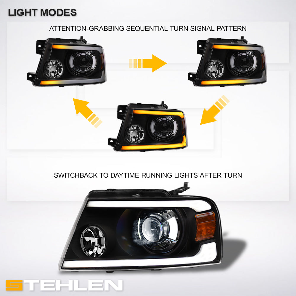 04-08 Ford F-150 Full LED Projector Headlights Sequential Signal - Black