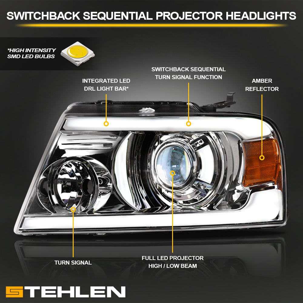 04-08 Ford F-150 Full LED Projector Headlights Sequential Chrome