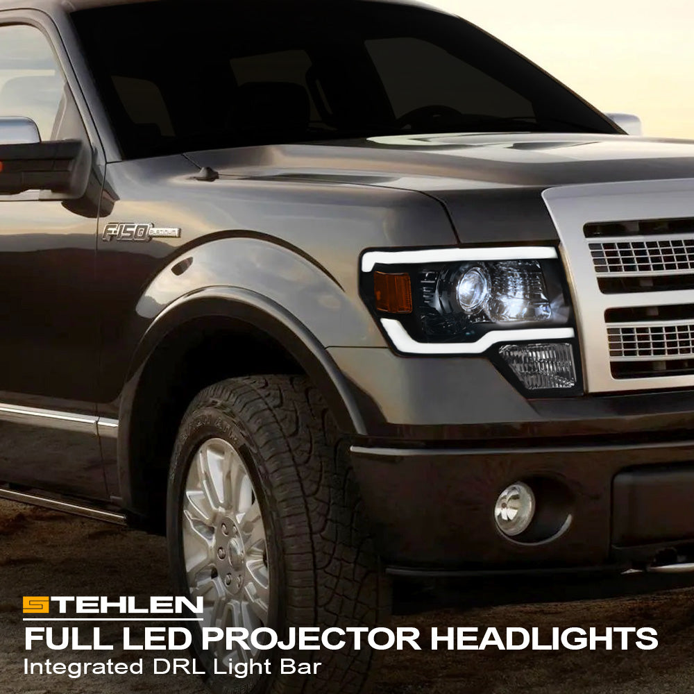 09-14 Ford F-150 Full LED Projector Headlights w/ Light Bar - Black