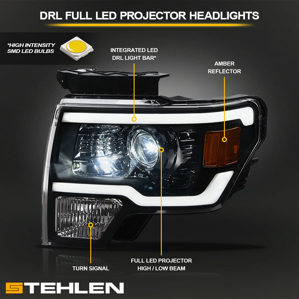 09-14 Ford F-150 Full LED Projector Headlights w/ Light Bar - Black