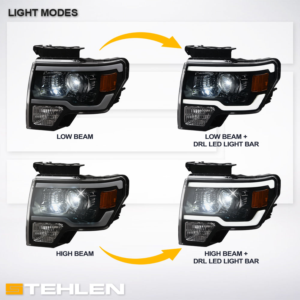 09-14 Ford F-150 Full LED Projector Headlights w/ Light Bar - Black