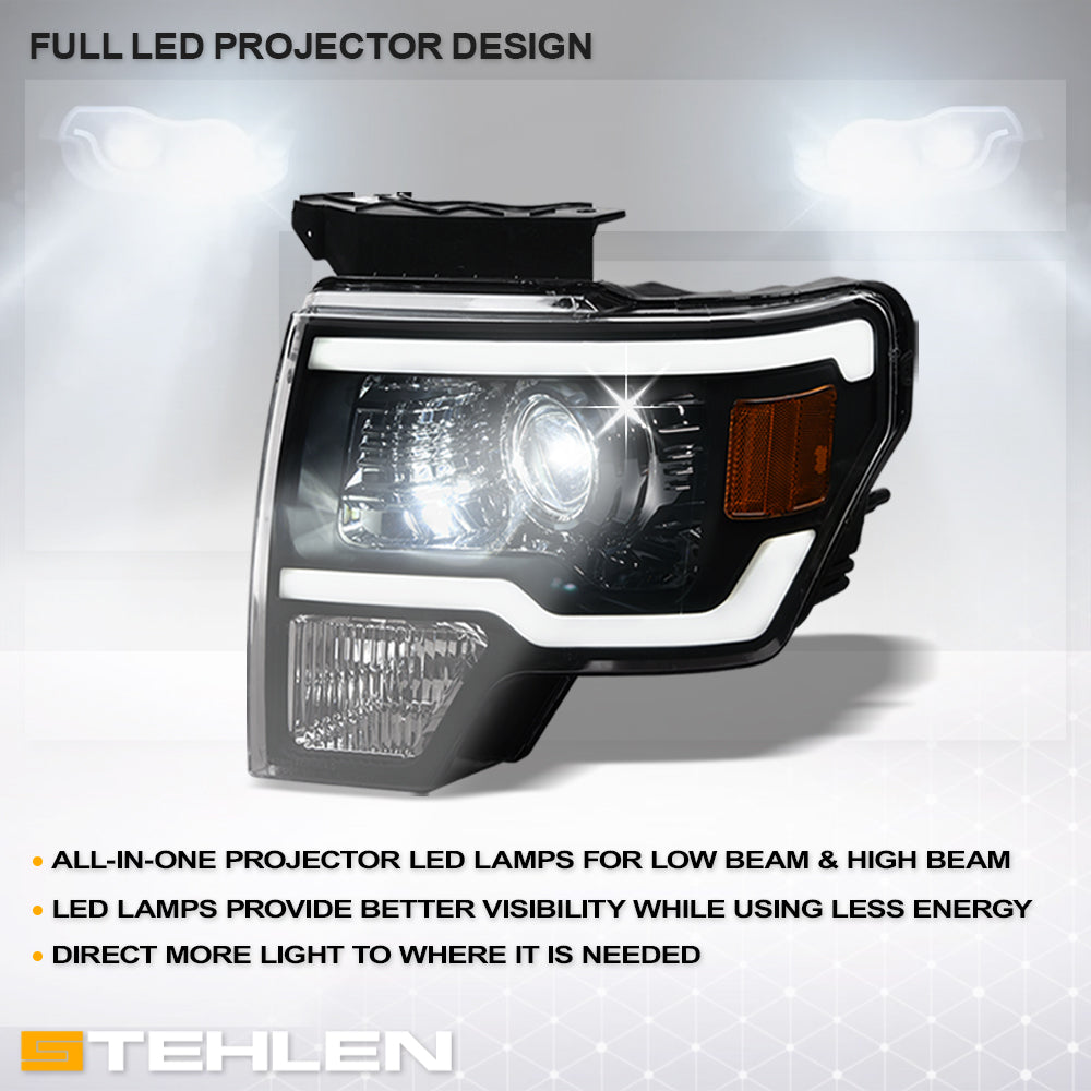 09-14 Ford F-150 Full LED Projector Headlights w/ Light Bar - Black