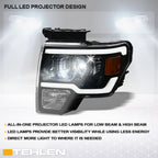 09-14 Ford F-150 Full LED Projector Headlights w/ Light Bar - Black