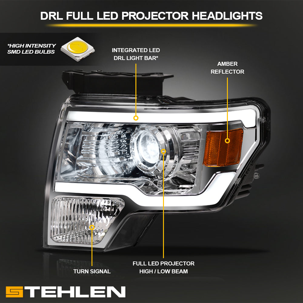 09-14 Ford F-150 Full LED Projector Headlights Black - FDPU09C.00