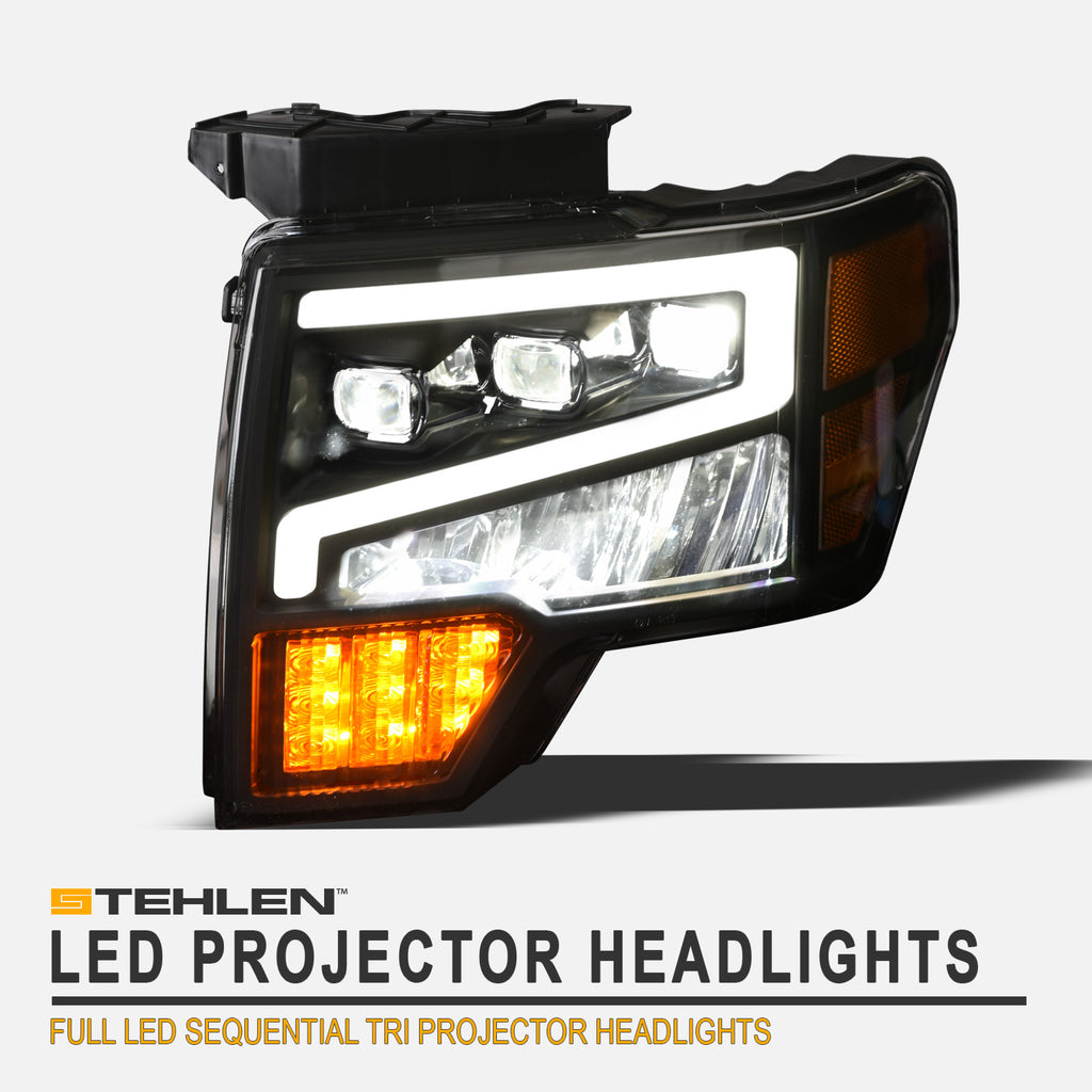 2009-2014 Ford F-150 Full LED Projector Headlights Black Amber