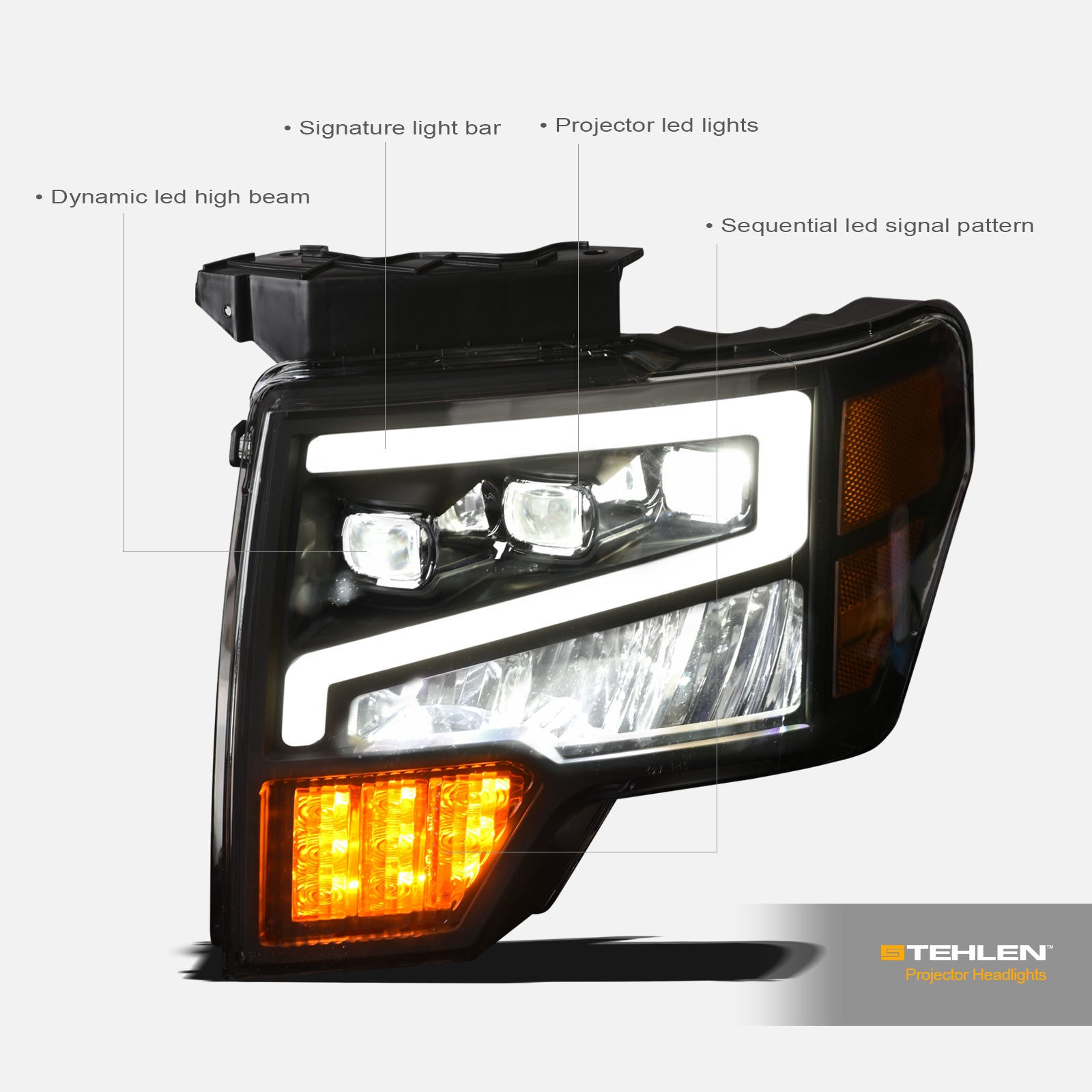 2009-2014 Ford F-150 Full LED Projector Headlights Black Amber
