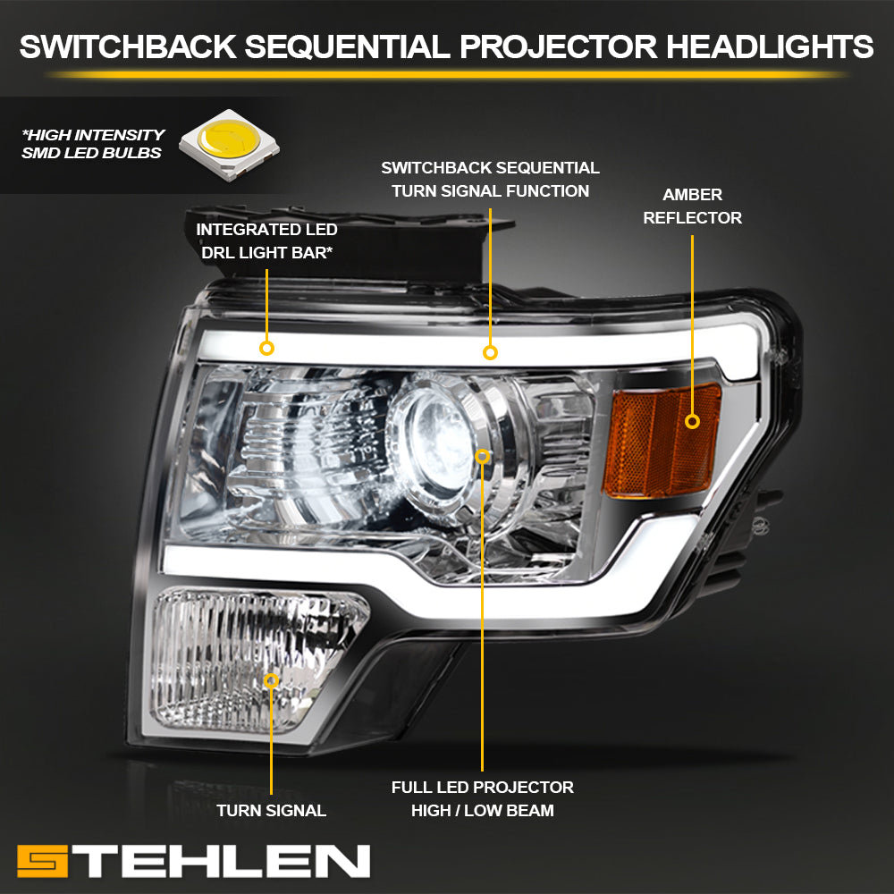 09-14 Ford F-150 Full LED Projector Headlights Sequential Chrome