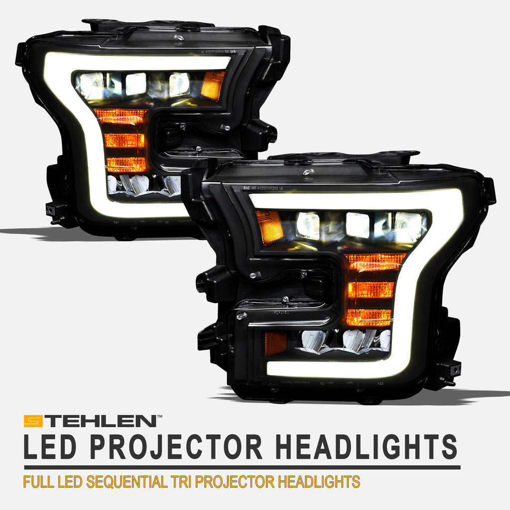 2015-2017 Ford F-150 Full LED Projector Headlights Black Amber