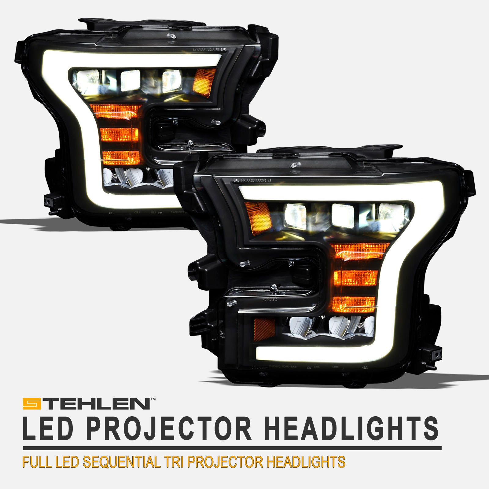 2015-2017 Ford F-150 Full LED Projector Headlights Black Amber