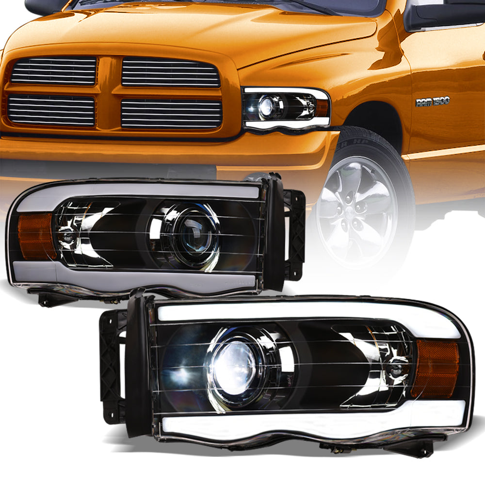 02-05 Dodge Ram Full LED Projector Headlights w/ Light Bar - Black