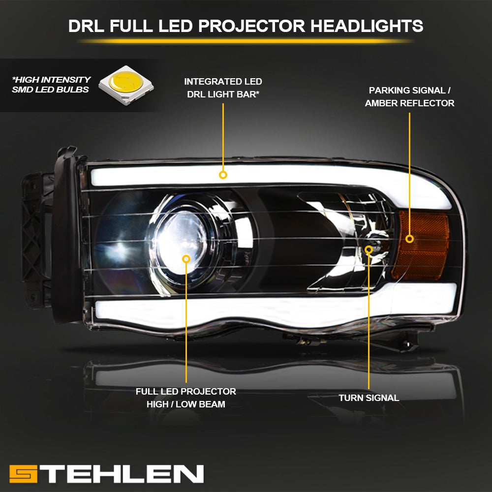 02-05 Dodge Ram Full LED Projector Headlights w/ Light Bar - Black