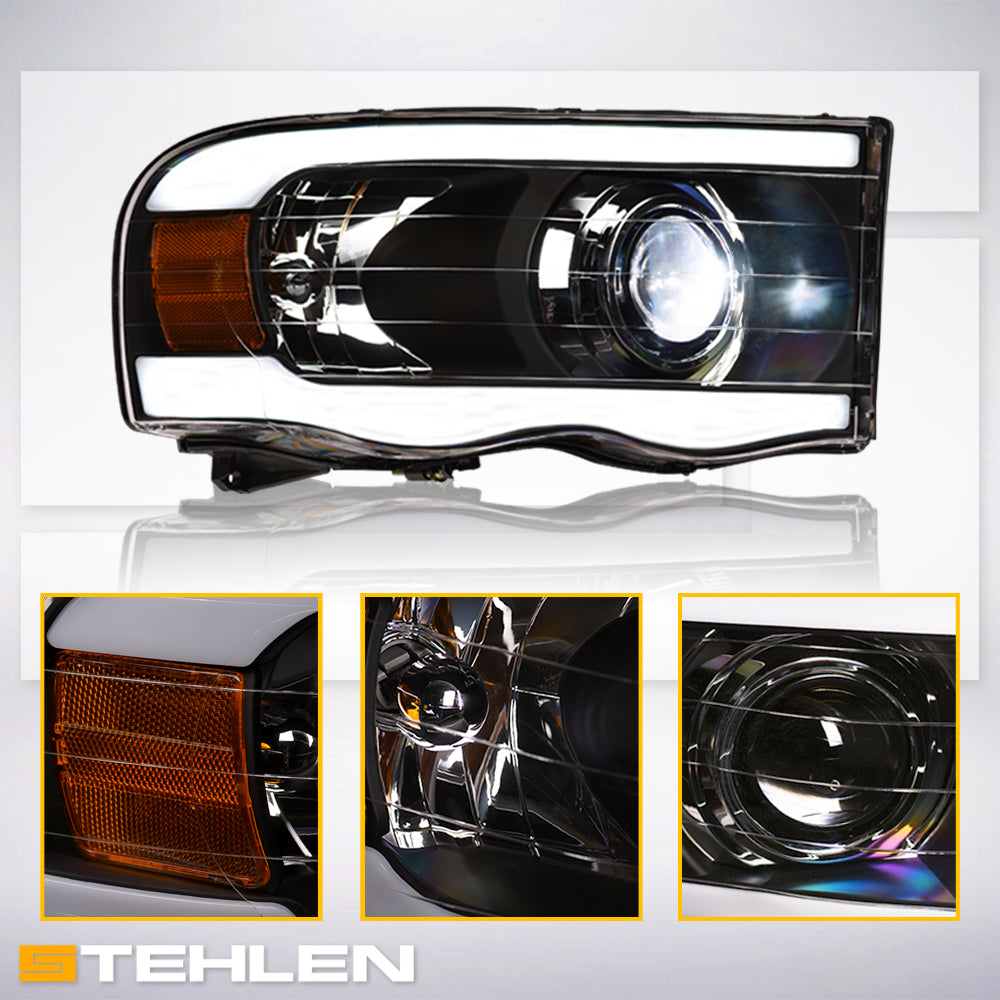 02-05 Dodge Ram Full LED Projector Headlights w/ Light Bar - Black