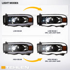 02-05 Dodge Ram Full LED Projector Headlights w/ Light Bar - Black