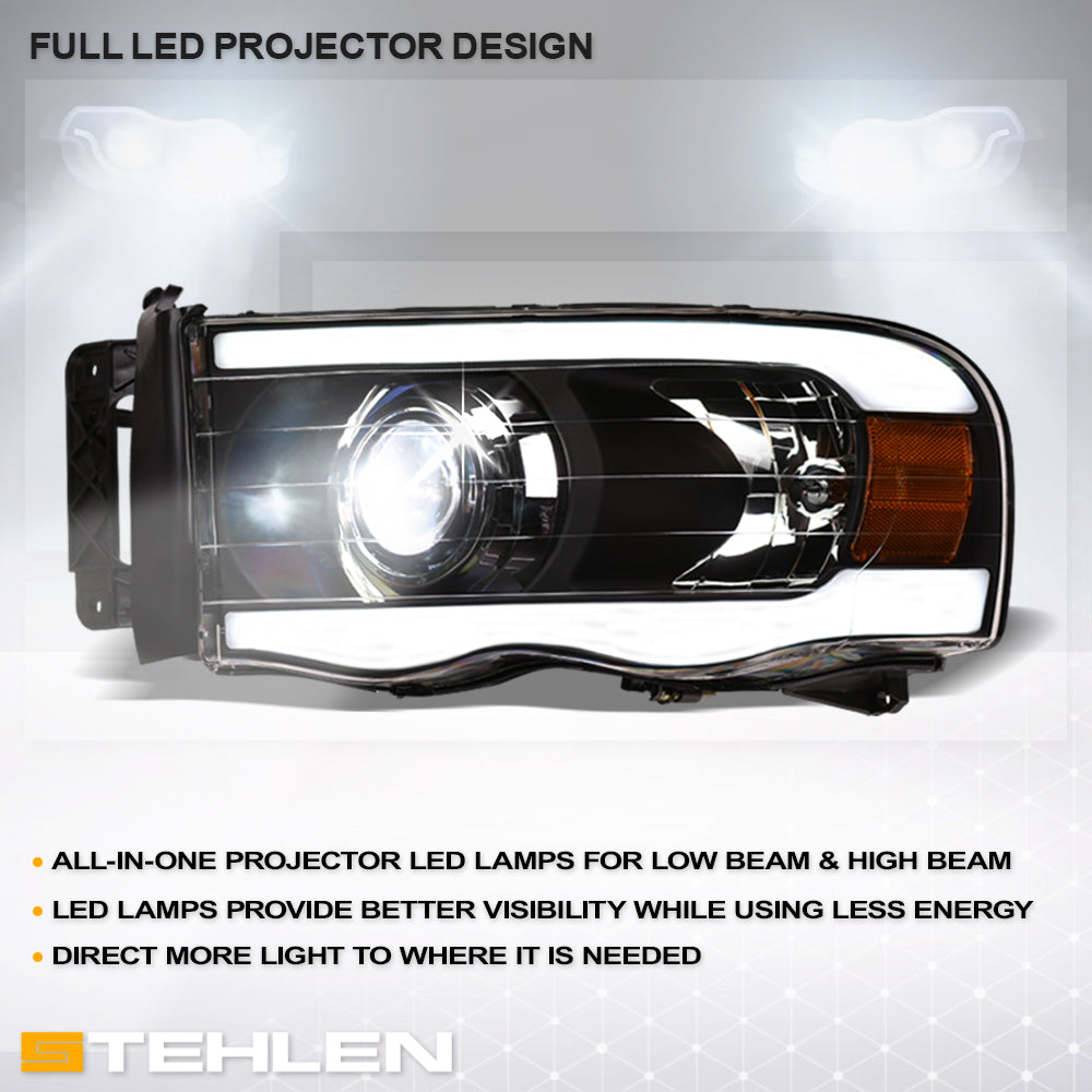 02-05 Dodge Ram Full LED Projector Headlights w/ Light Bar - Black