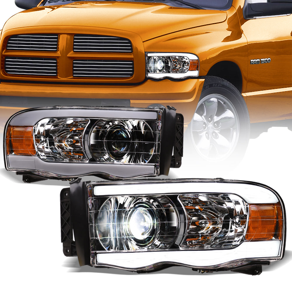02-05 Dodge Ram Full LED Projector Headlights Chrome - LED Bar
