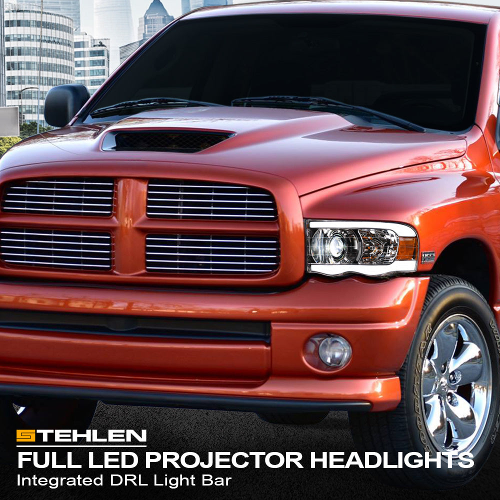 02-05 Dodge Ram Full LED Projector Headlights Chrome - LED Bar