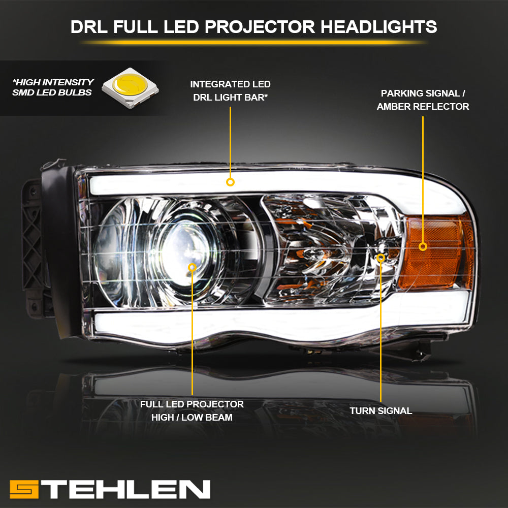 02-05 Dodge Ram Full LED Projector Headlights Chrome - LED Bar