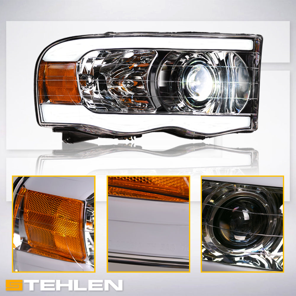 02-05 Dodge Ram Full LED Projector Headlights Chrome - LED Bar