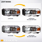 02-05 Dodge Ram Full LED Projector Headlights Chrome - LED Bar