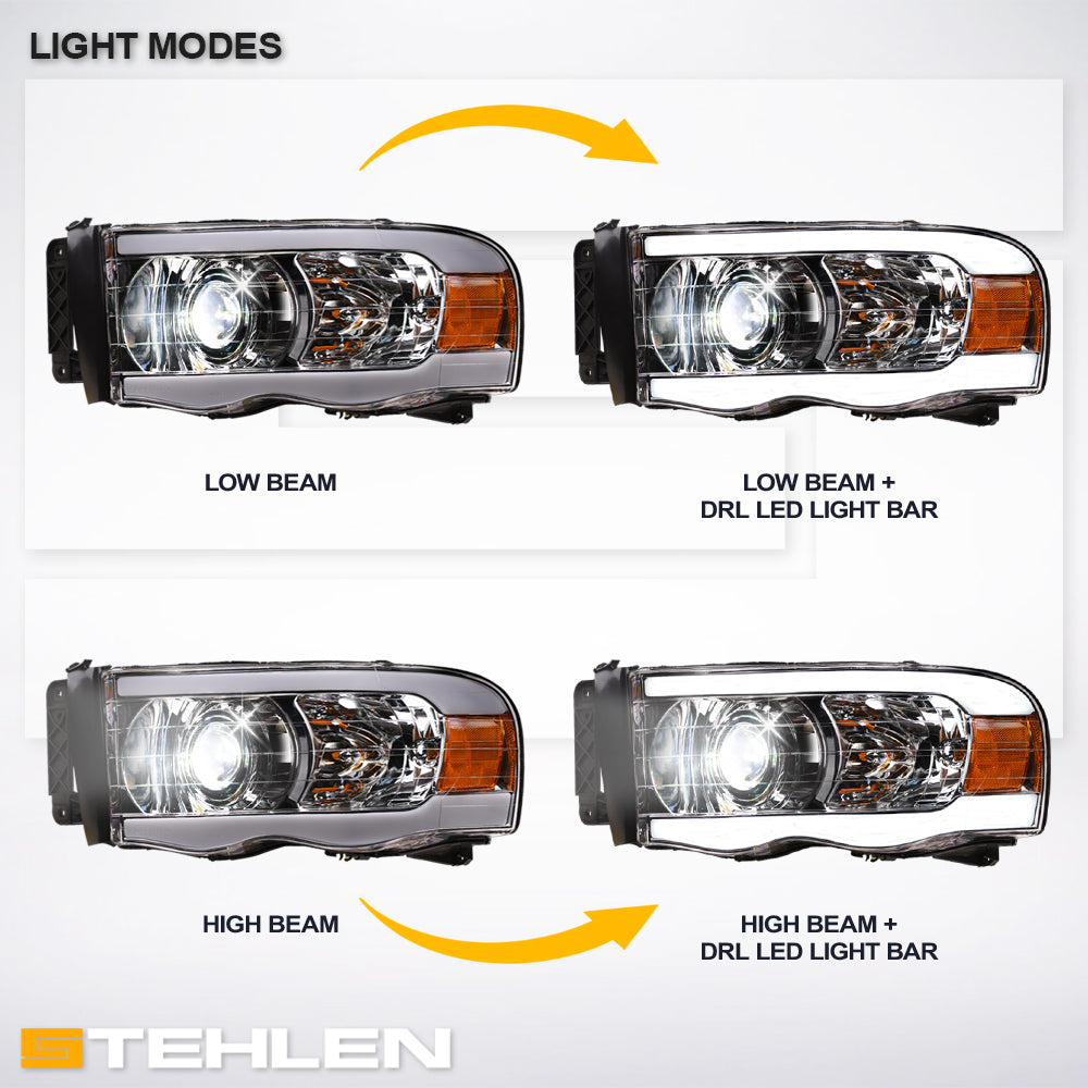 02-05 Dodge Ram Full LED Projector Headlights Chrome - LED Bar