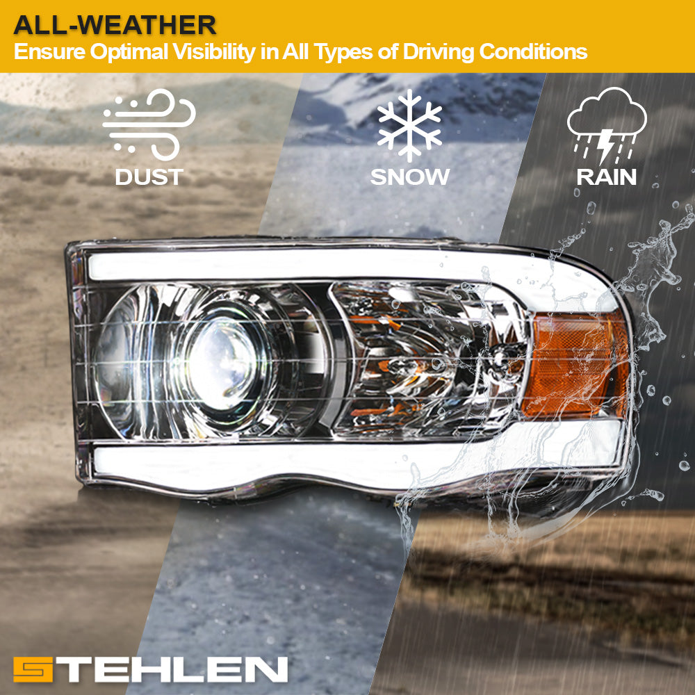 02-05 Dodge Ram Full LED Projector Headlights Chrome - LED Bar