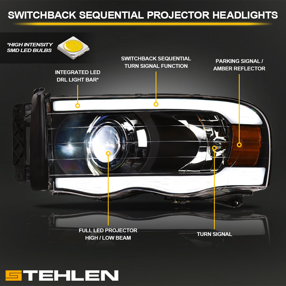 02-05 Dodge Ram Full LED Projector Headlights Sequential Signal - Black
