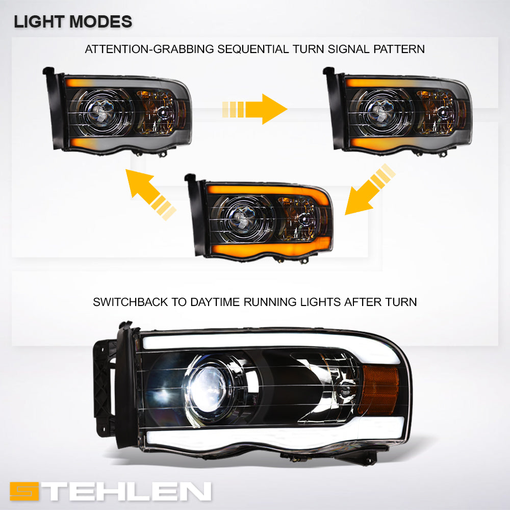 02-05 Dodge Ram Full LED Projector Headlights Sequential Signal - Black