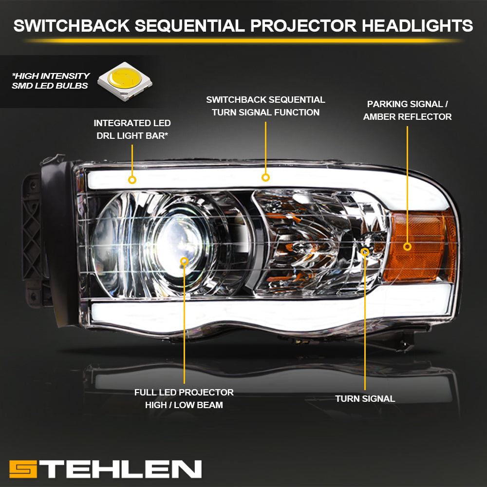 02-05 Dodge Ram Full LED Projector Headlights Sequential Signal Chrome