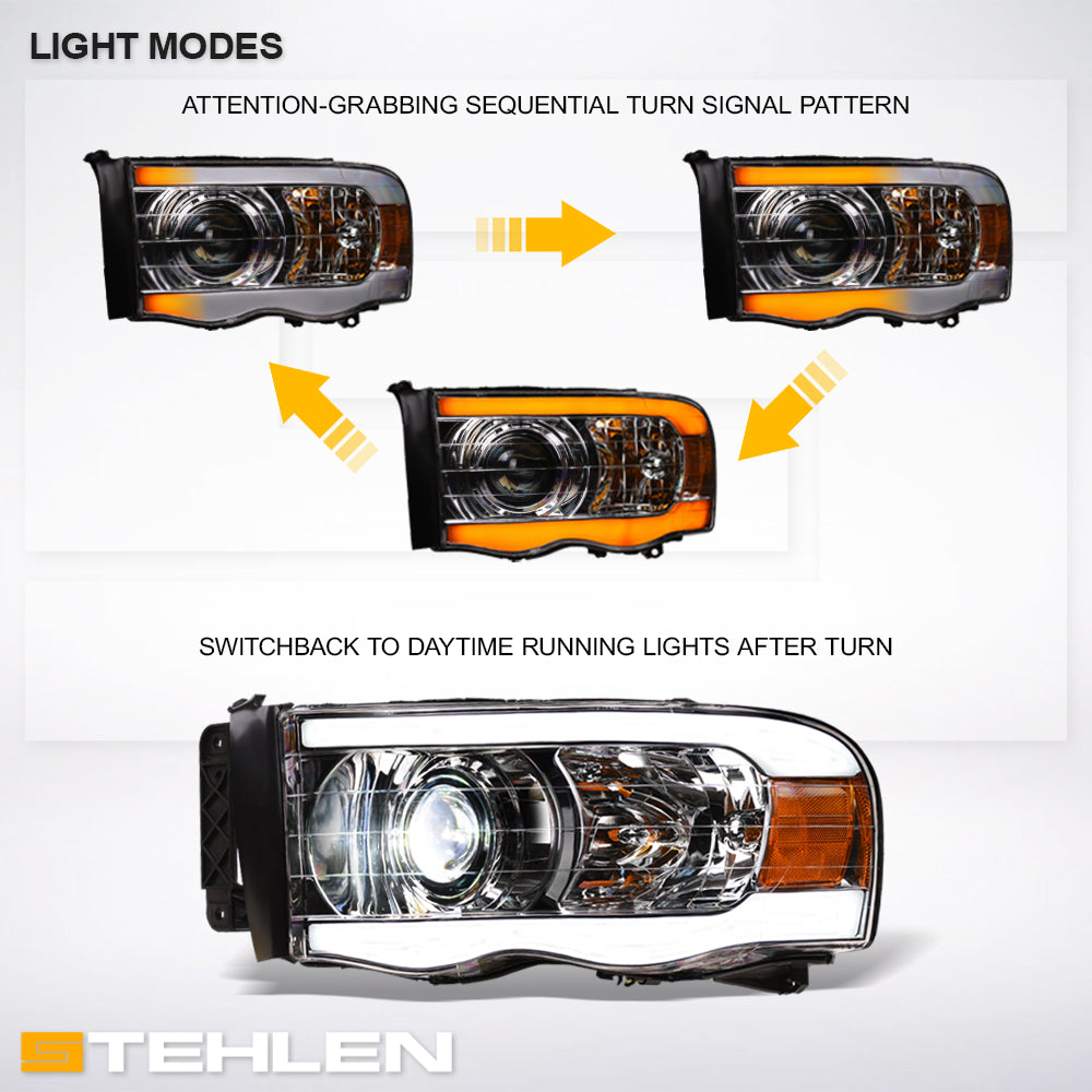 02-05 Dodge Ram Full LED Projector Headlights Sequential Signal Chrome