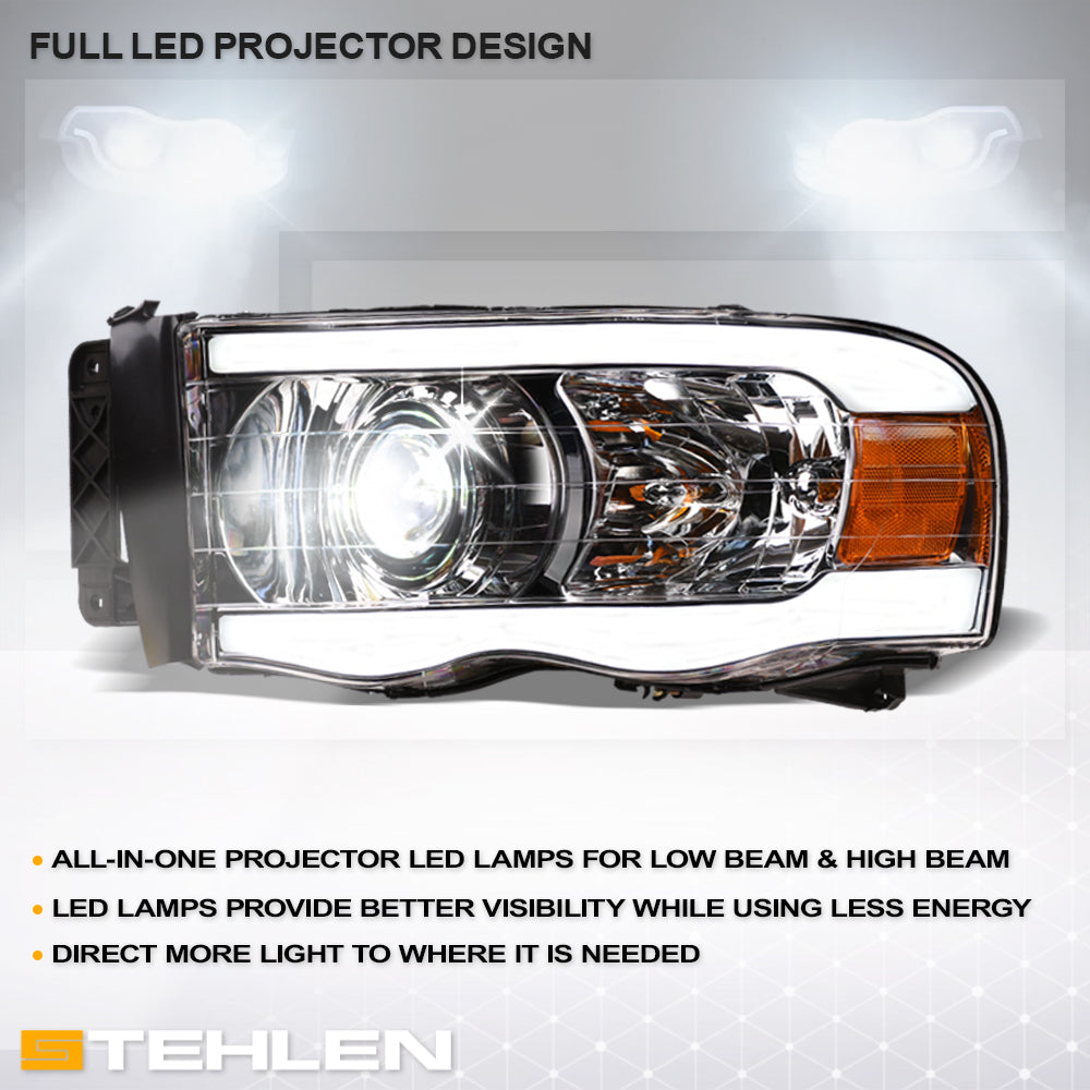 02-05 Dodge Ram Full LED Projector Headlights Sequential Signal Chrome