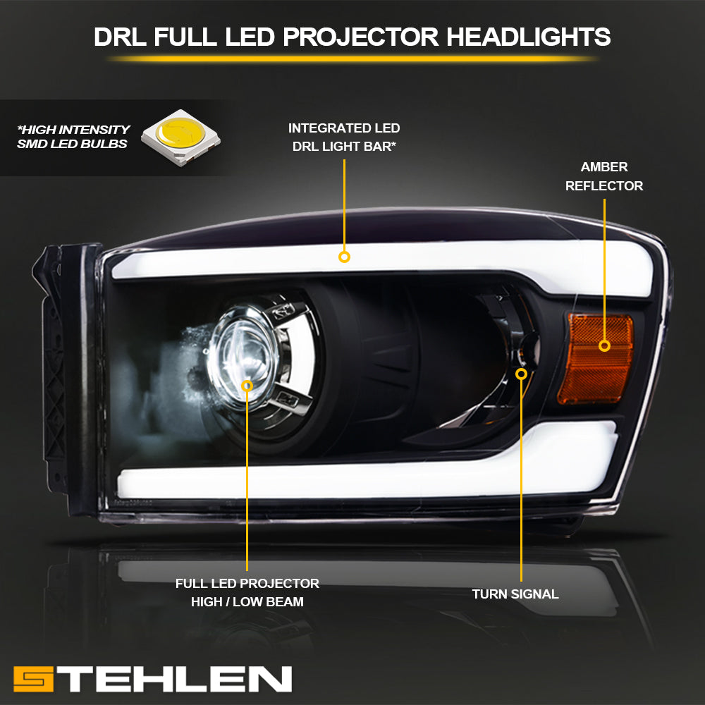 06-08 Dodge Ram Full LED Projector Headlights Black - DGPU06C.06
