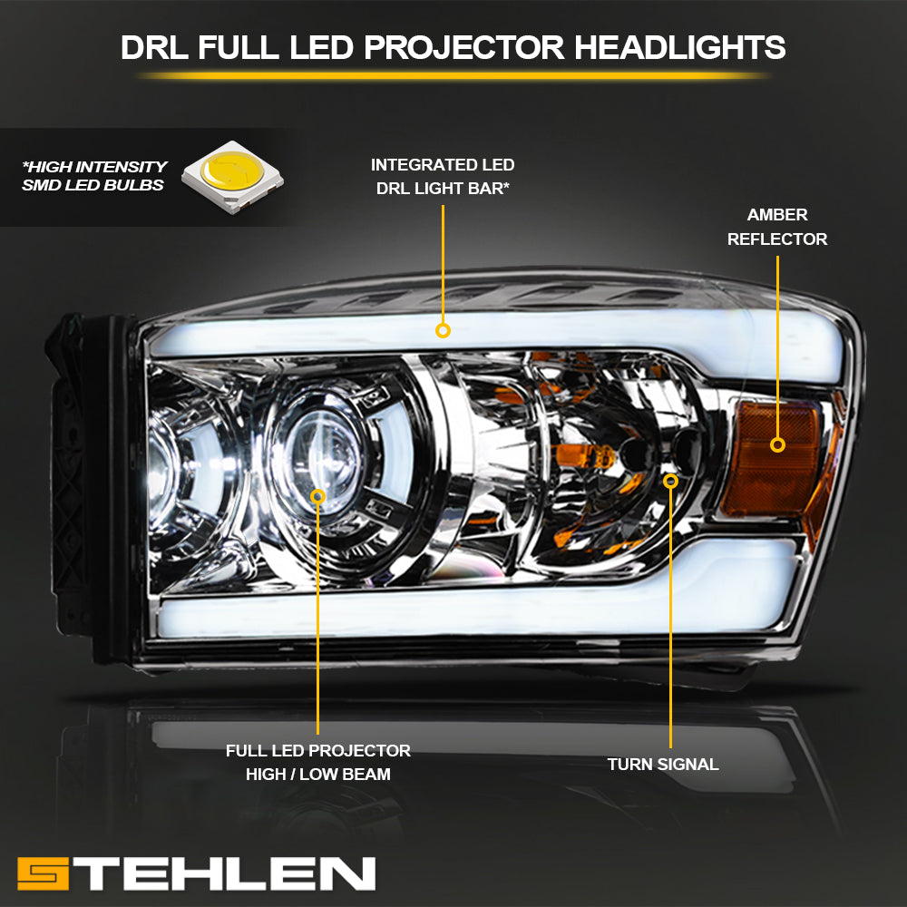 06-08 Dodge Ram Full LED Projector Headlights Chrome - DGPU06C