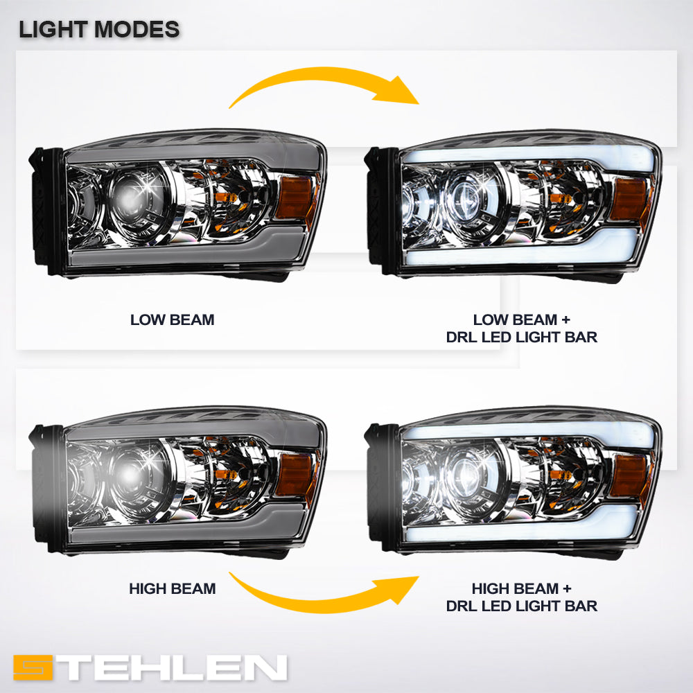 06-08 Dodge Ram Full LED Projector Headlights Chrome - DGPU06C