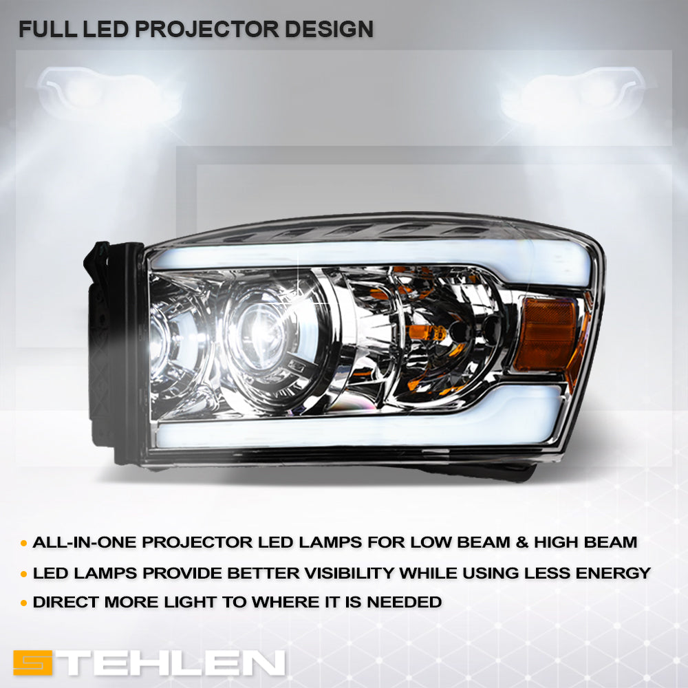 06-08 Dodge Ram Full LED Projector Headlights Chrome - DGPU06C