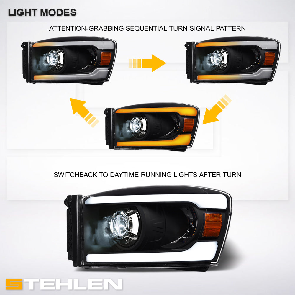 06-08 Dodge Ram Full LED Projector Headlights Sequential Signal - Black